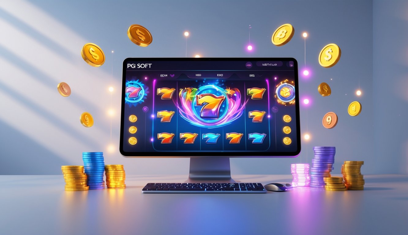 Sebuah setup permainan slot online dengan layar komputer menampilkan grafik permainan yang berwarna-warni dan elemen koin digital di sekitarnya.