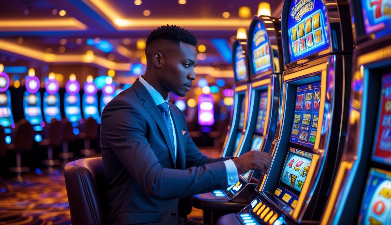 Seseorang yang percaya diri sedang fokus menggunakan mesin slot di dalam kasino yang ramai.