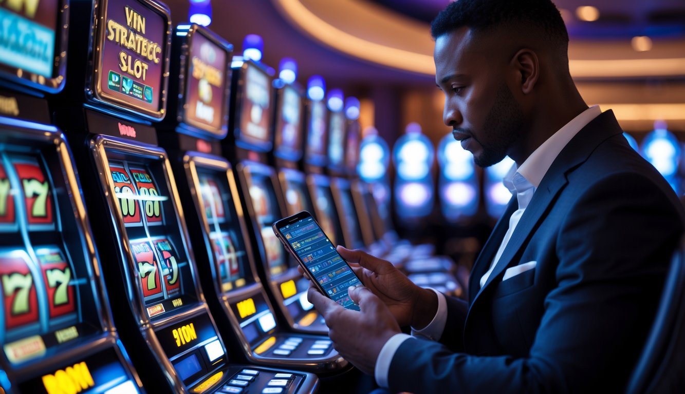 Seorang pemain dewasa sedang memperhatikan mesin slot modern dengan ekspresi fokus di dalam kasino.