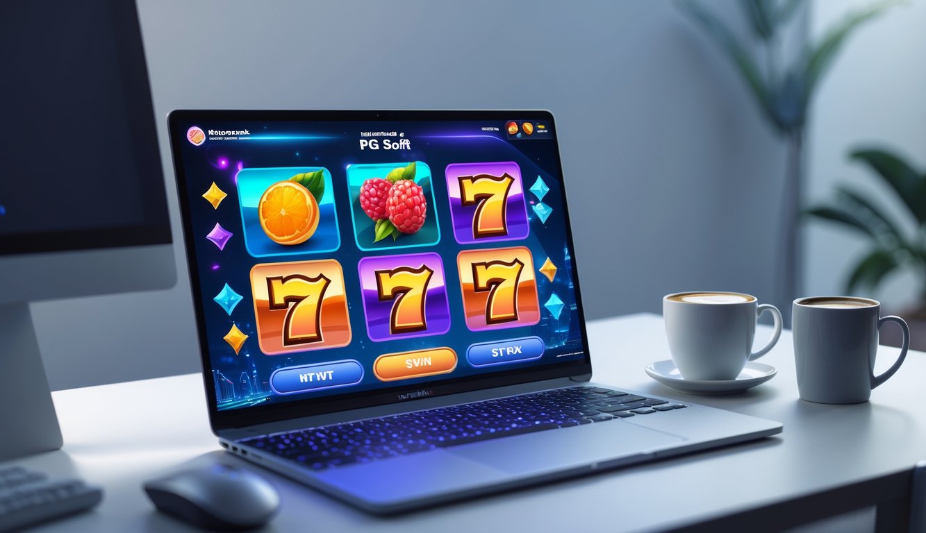 Seorang pengguna duduk di depan komputer dengan layar menampilkan permainan slot online yang penuh warna, di lingkungan kerja modern dengan elemen budaya Indonesia yang halus di latar belakang.