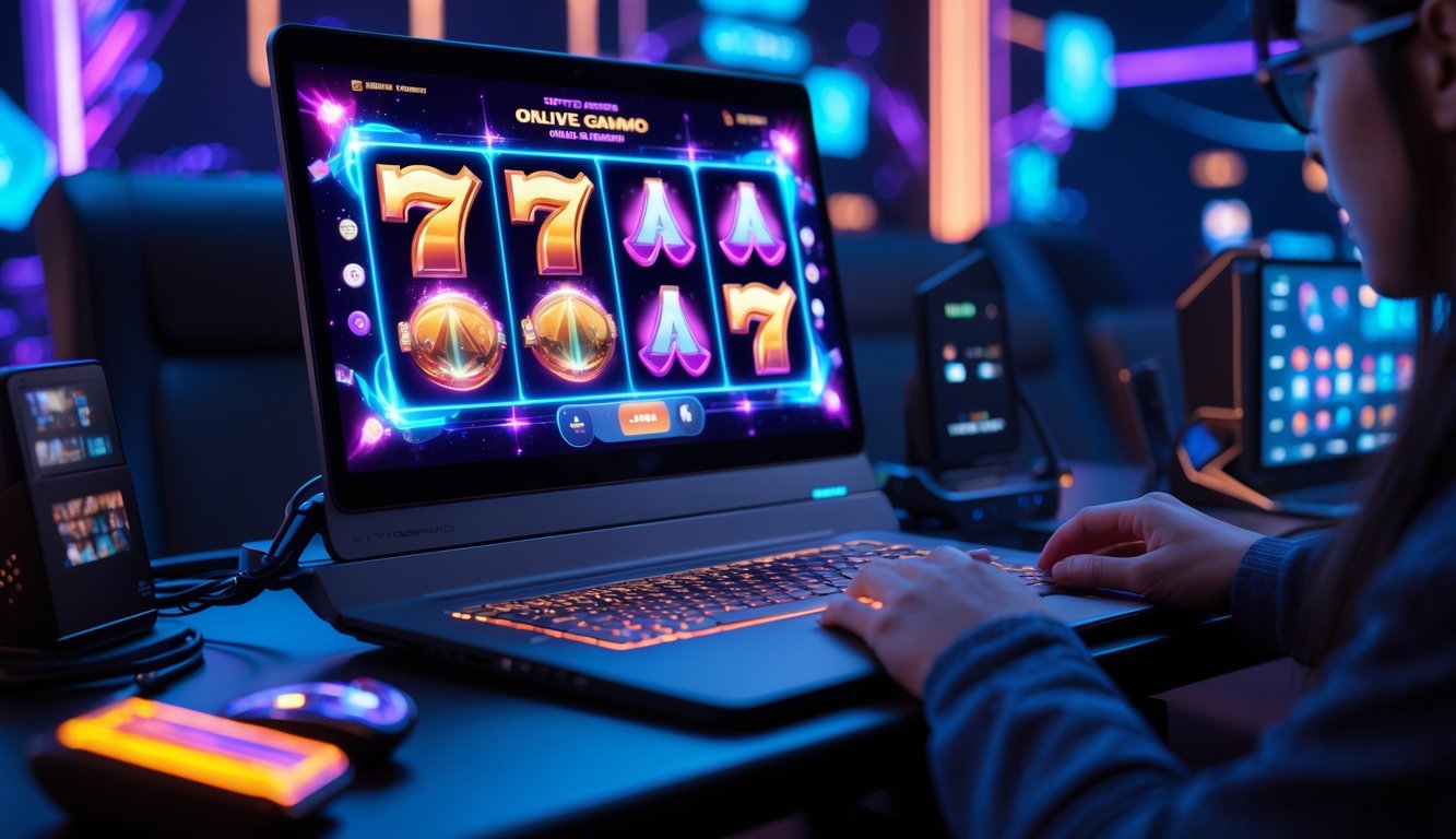 Seorang pemain menggunakan komputer dengan layar menampilkan permainan slot online berwarna-warni dan efek berkilau, di lingkungan gaming modern.