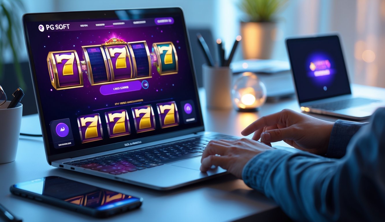 Sebuah meja kerja modern dengan laptop yang menampilkan permainan slot online dan tangan seseorang yang sedang berinteraksi dengan layar.