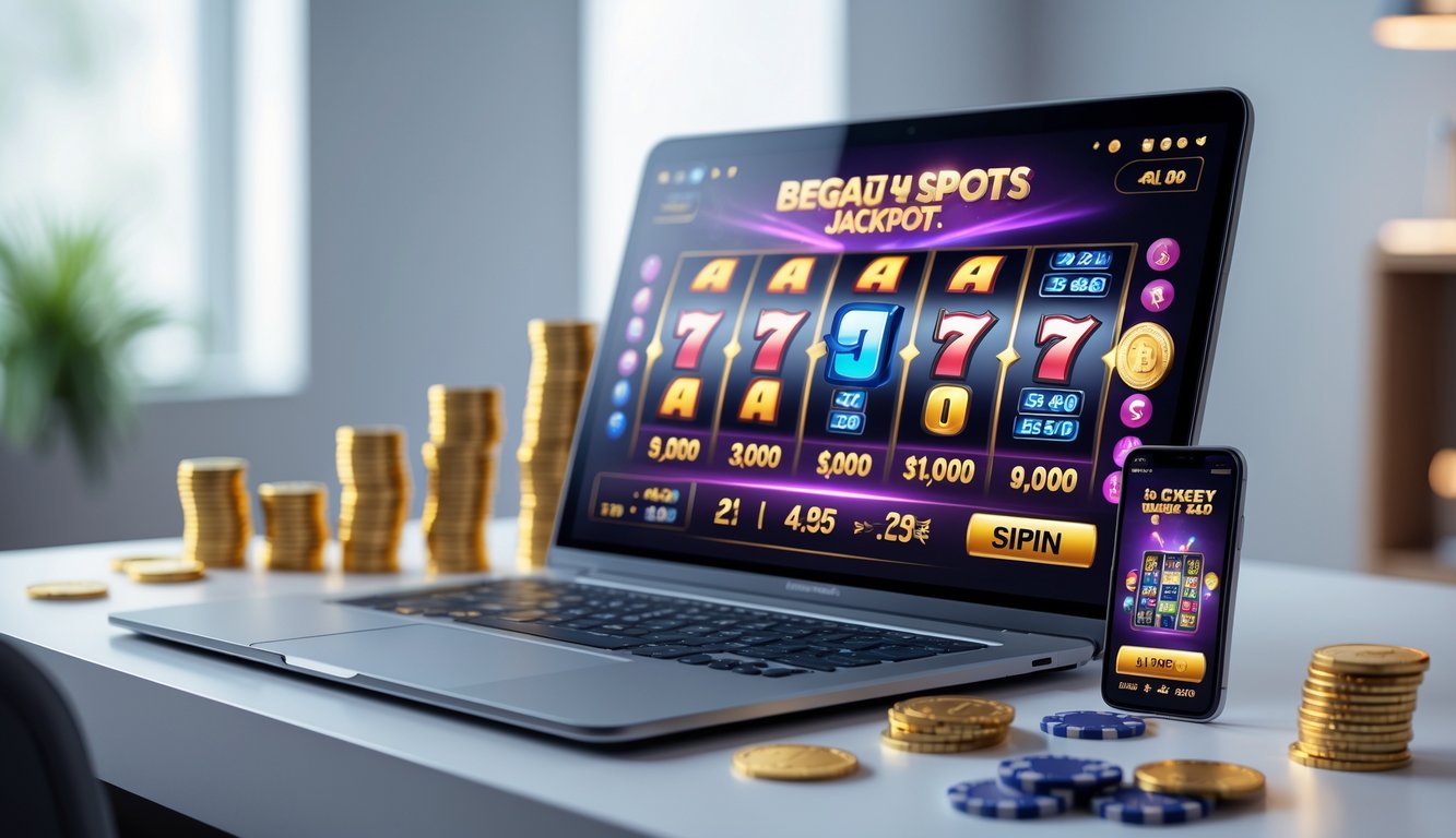 Seorang pengguna bermain permainan slot online PG Soft dengan layar komputer menampilkan gulungan slot dan simbol jackpot, dikelilingi oleh koin emas dan chip poker di atas meja.
