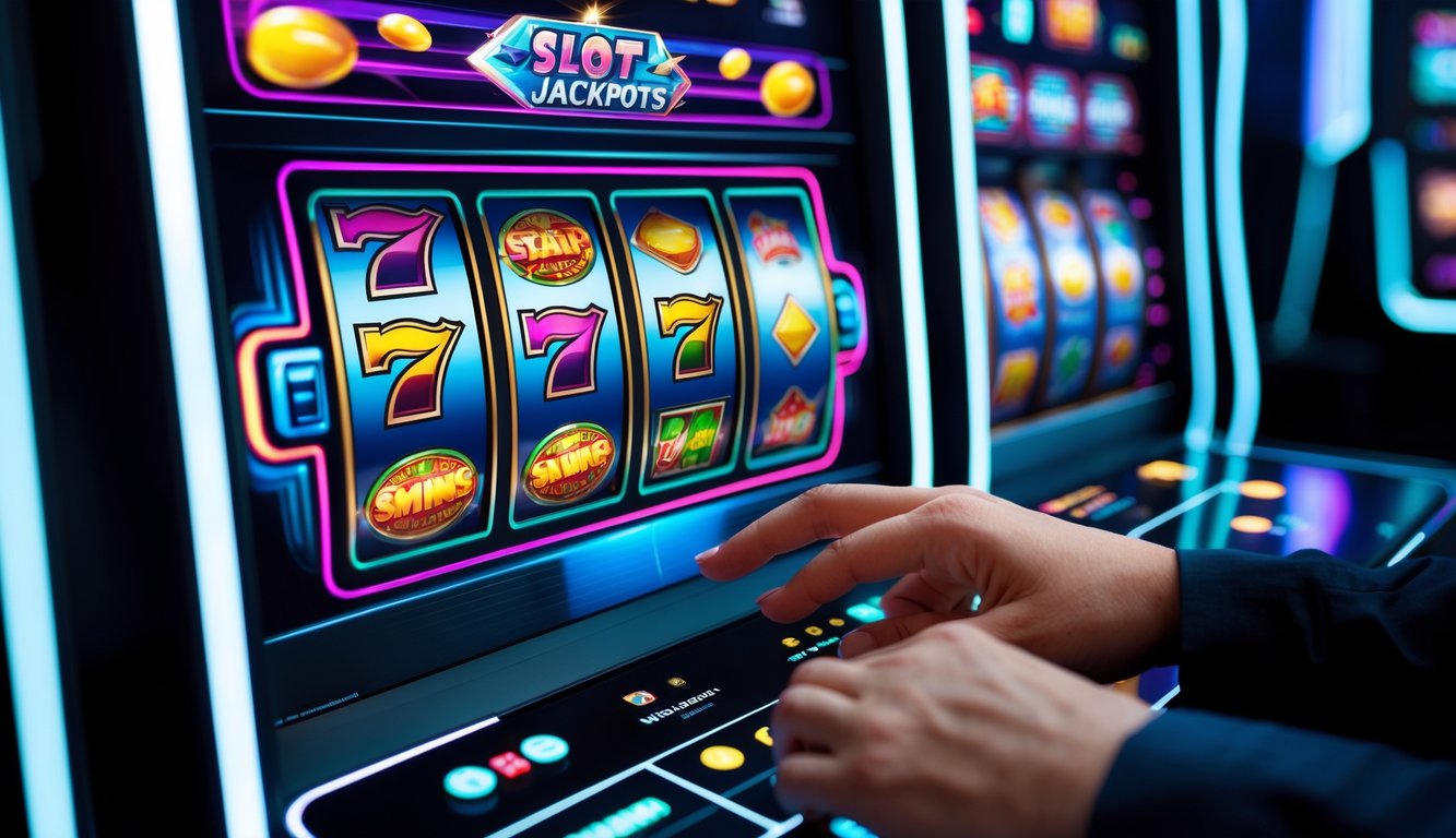 Tangan seseorang menggunakan perangkat layar sentuh dengan tampilan mesin slot berwarna-warni di layar.