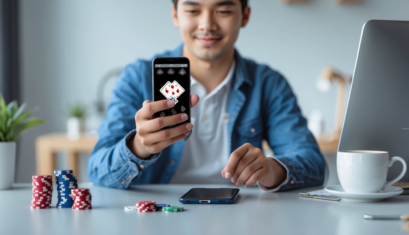 Seorang dewasa muda menggunakan ponsel Android untuk bermain poker online di meja dengan chip dan kartu remi.