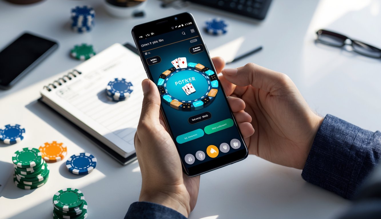Seseorang memegang ponsel Android yang menampilkan permainan poker online dengan tumpukan chip poker dan kartu di atas meja.