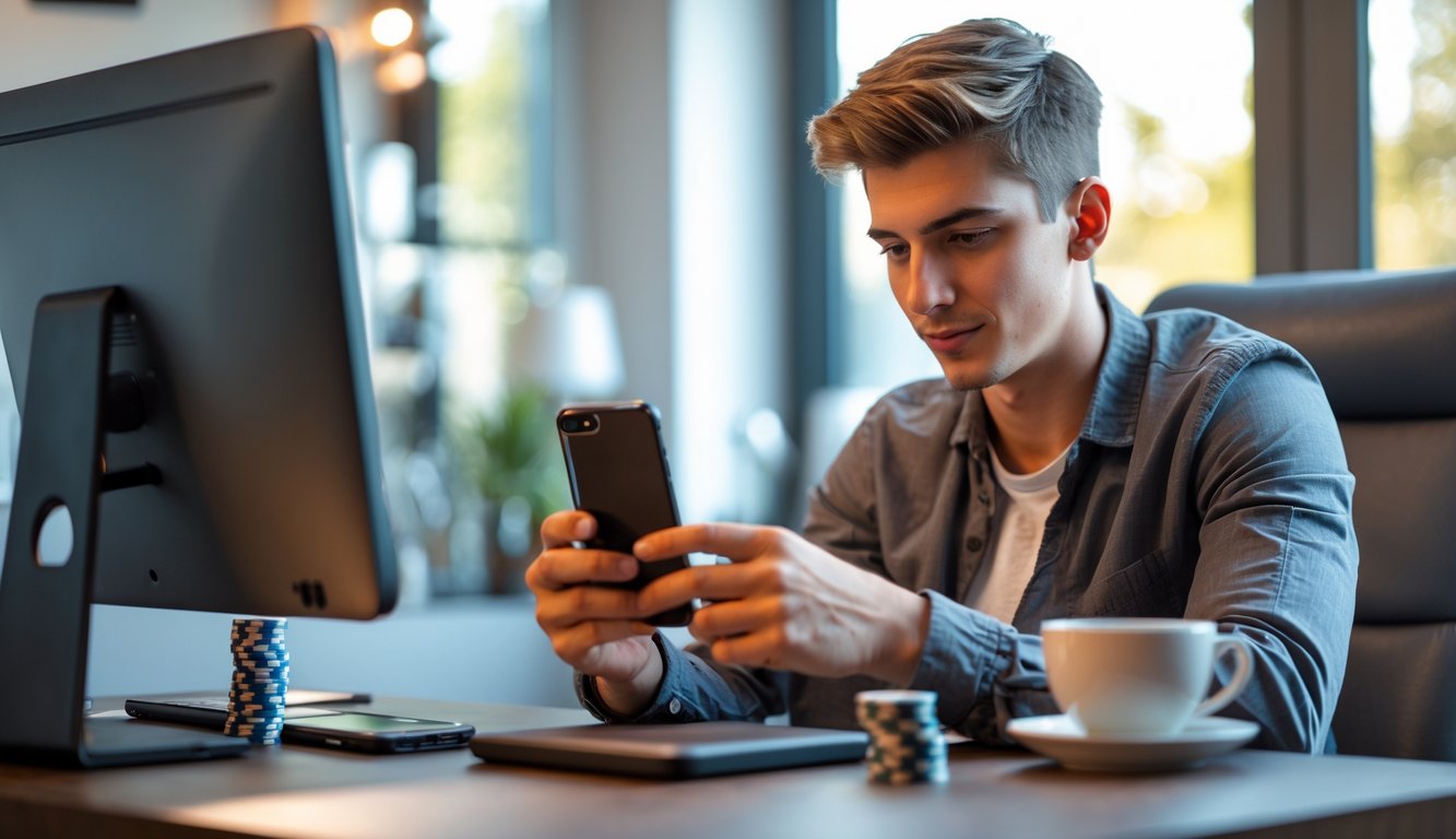 Seorang pria muda duduk di meja sambil bermain poker di ponsel Android dengan suasana ruang kerja yang nyaman.