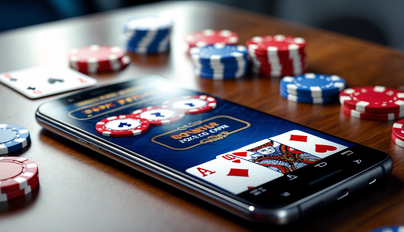 Sebuah ponsel Android menampilkan permainan poker online dengan kartu dan chip poker di atas meja kayu.