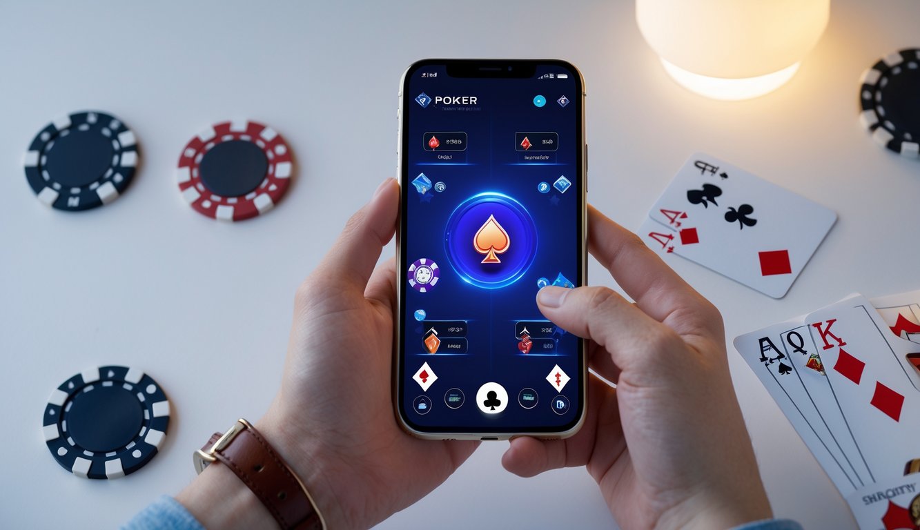 Seseorang memegang ponsel yang menampilkan permainan poker online dengan kartu dan chip poker di sekitar.