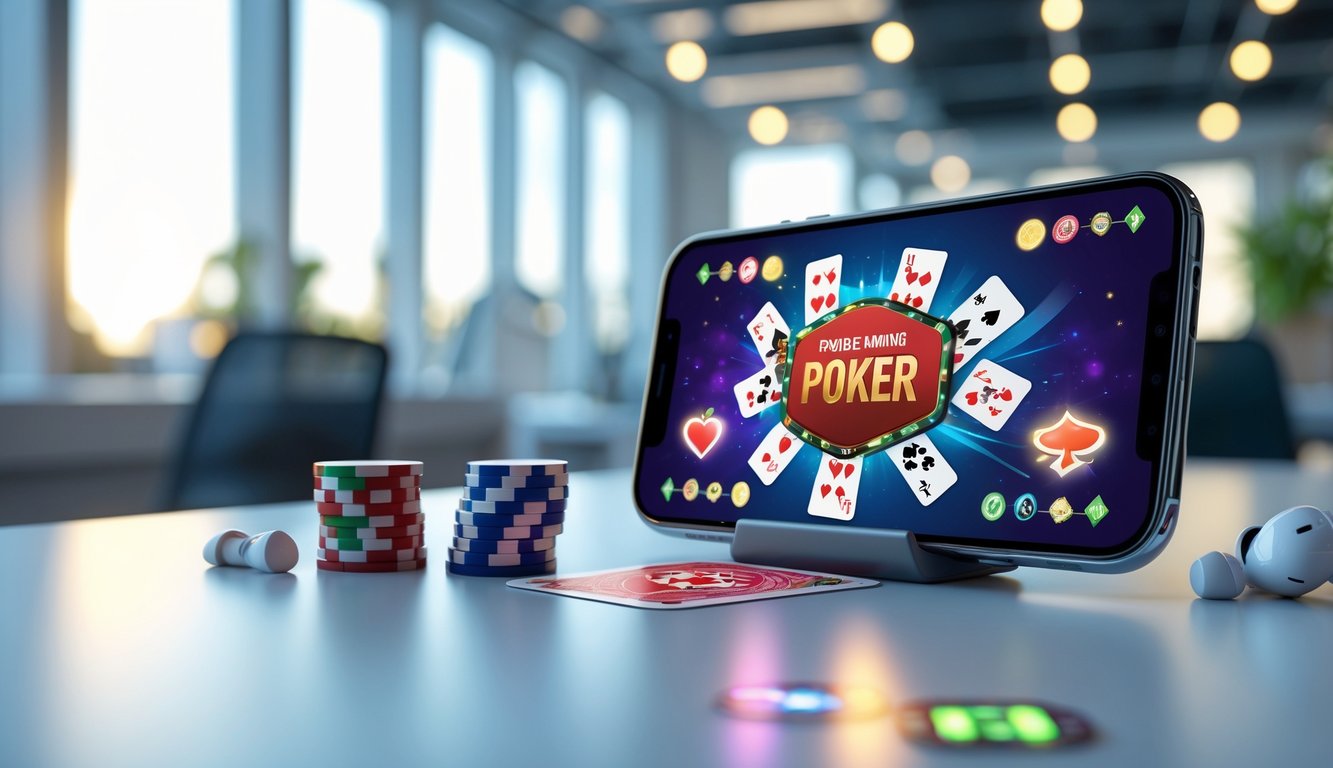 Meja kerja modern dengan smartphone yang menampilkan permainan poker dan beberapa aksesori poker seperti chip dan kartu, dengan latar belakang kantor yang terang.