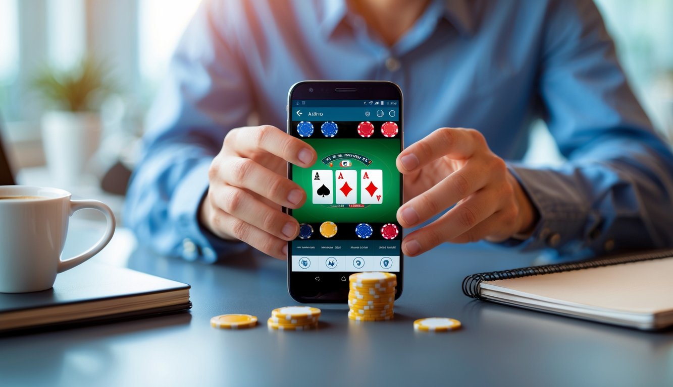 Seseorang sedang menggunakan smartphone Android untuk bermain poker online dengan aman di meja kerja.