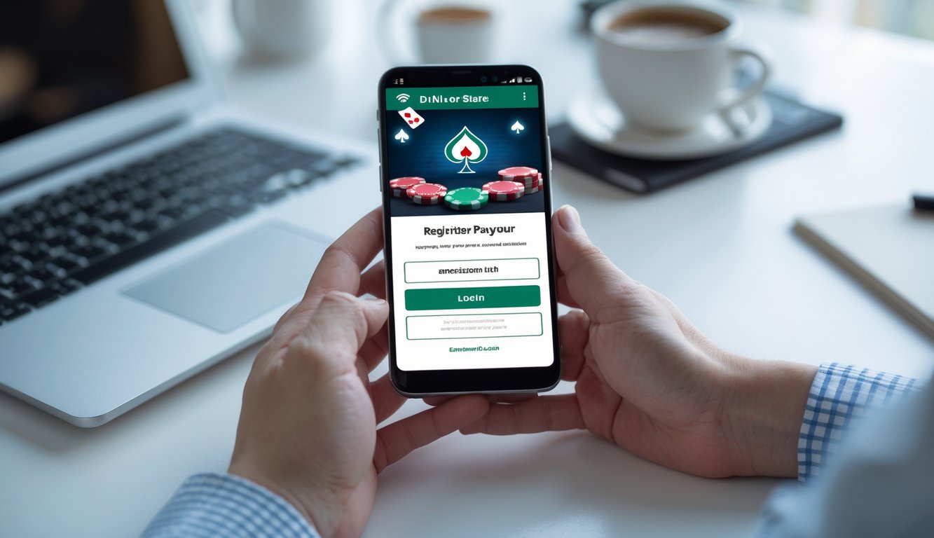 Seseorang memegang ponsel Android dengan tampilan permainan poker online dan chip poker di sekitar meja.