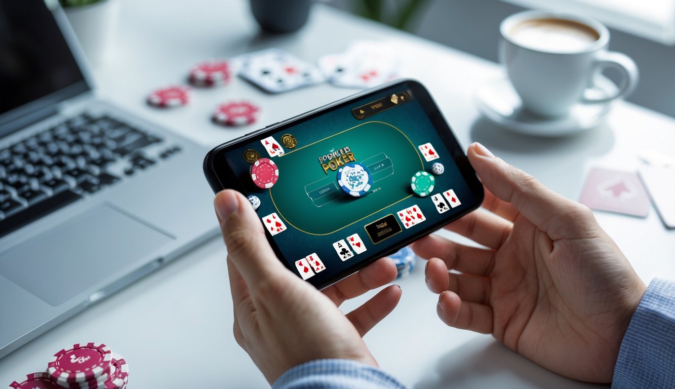Seseorang memegang ponsel Android yang menampilkan permainan poker online dengan chip poker dan kartu di atas meja.