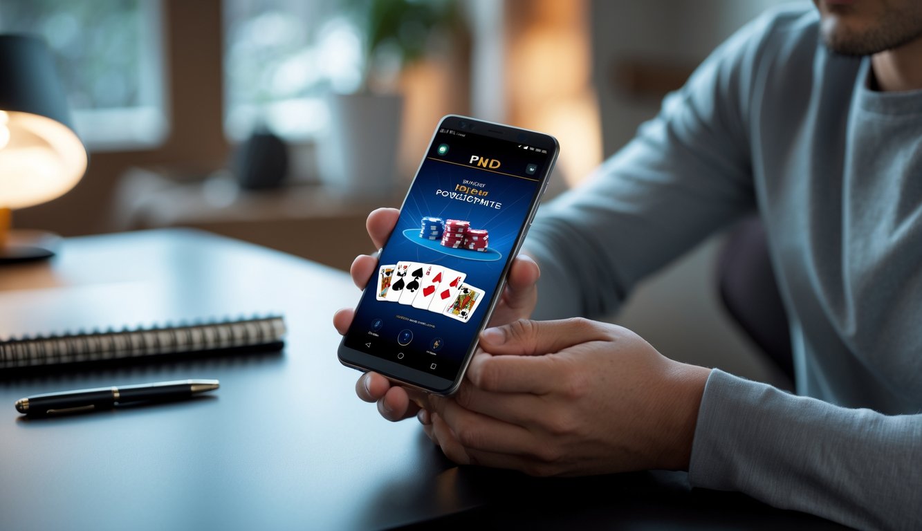 Seseorang memegang smartphone yang menampilkan permainan poker online dengan chip dan kartu, di sebuah meja dengan catatan dan pena.