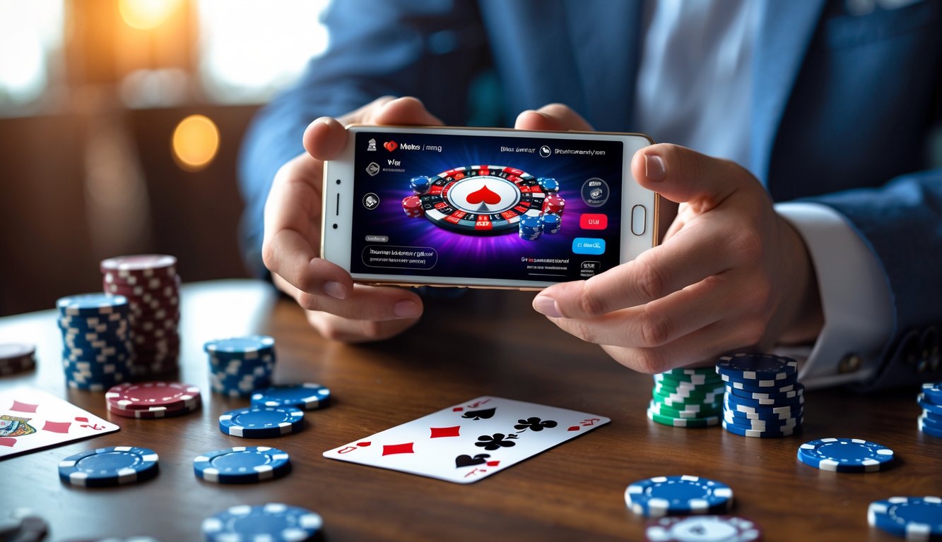Seseorang memegang ponsel menampilkan permainan poker online dengan chip dan kartu di atas meja kayu.