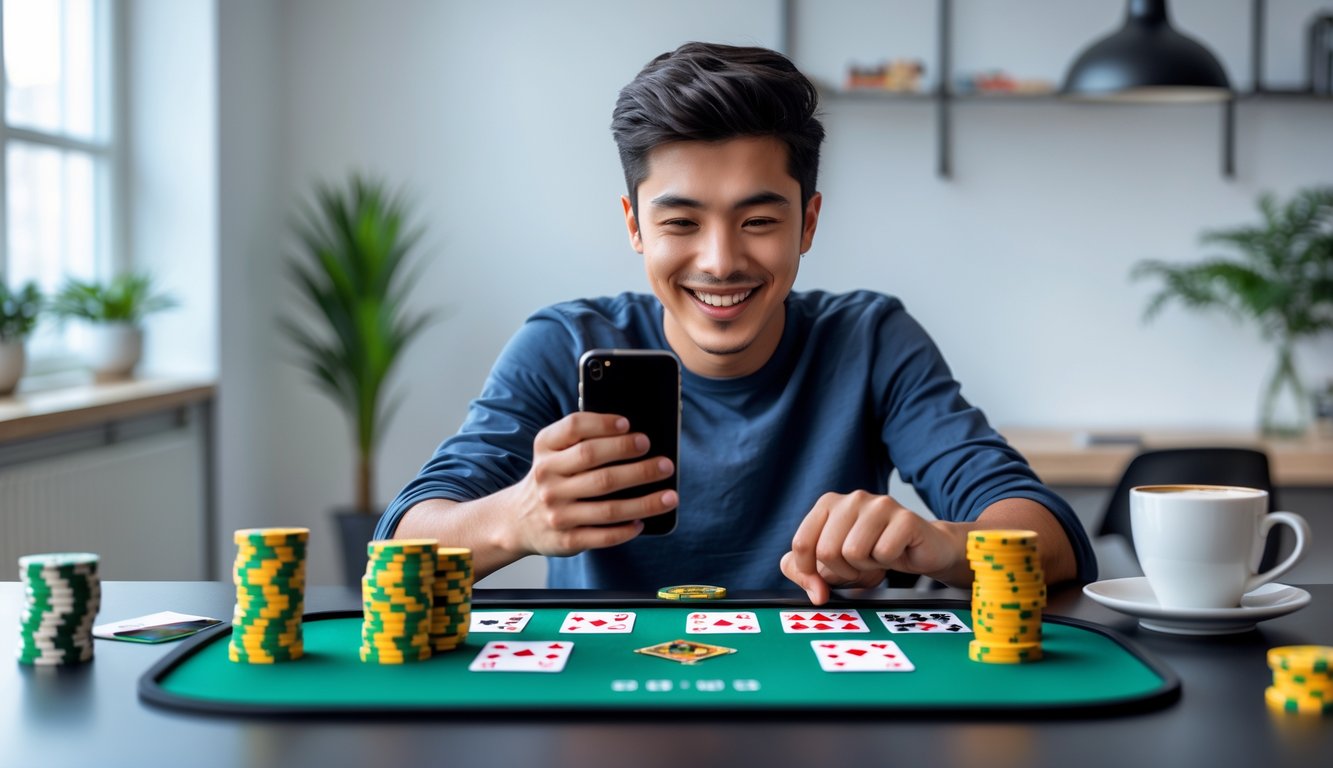 Seorang dewasa muda bermain game poker online di ponsel Android dengan ekspresi fokus dan senang di ruangan modern.