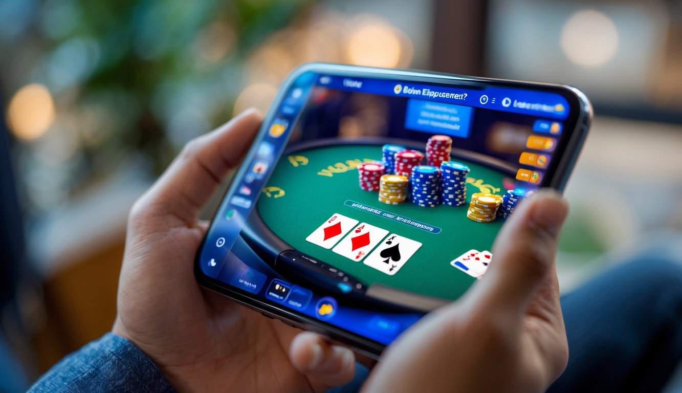 Seseorang memegang ponsel Android yang menampilkan permainan poker online dengan chip dan kartu, di latar belakang ruangan yang samar.