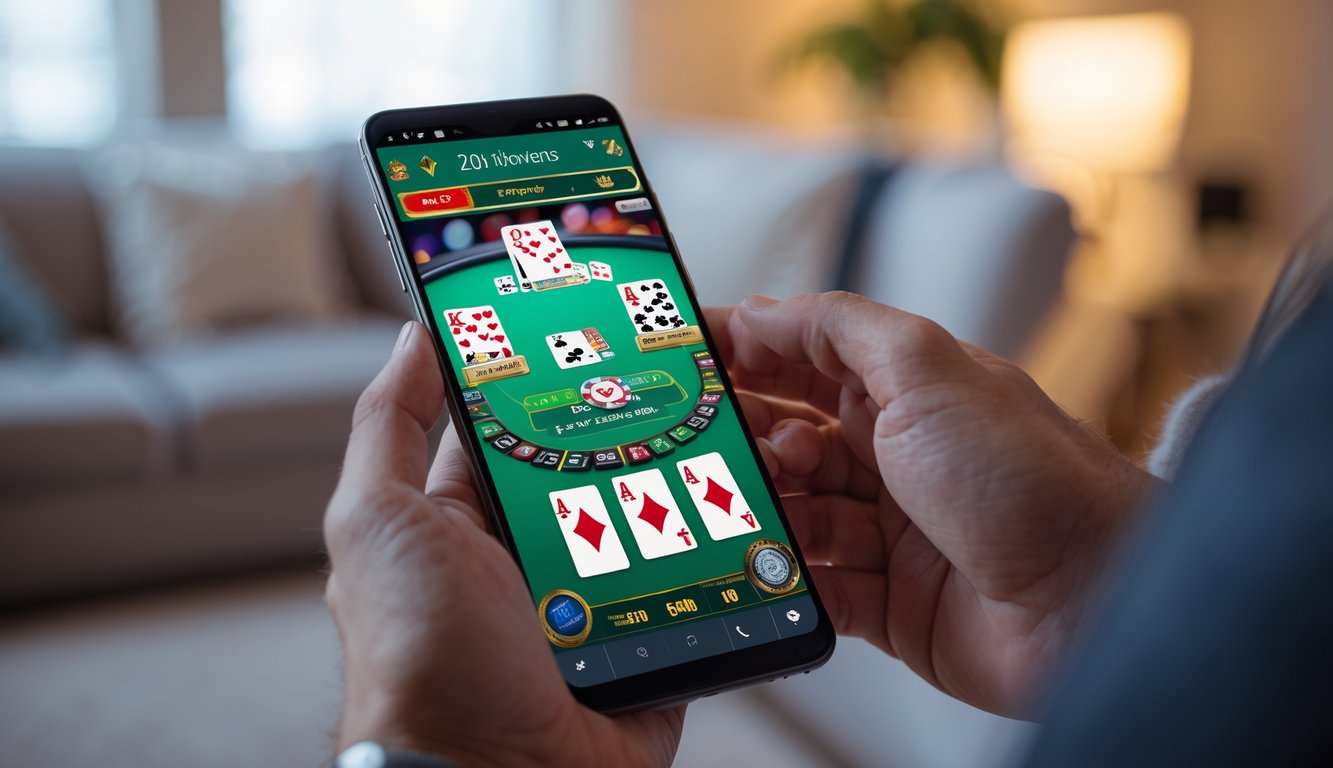 Seseorang memegang ponsel yang menampilkan permainan poker online dengan kartu dan chip di layar.