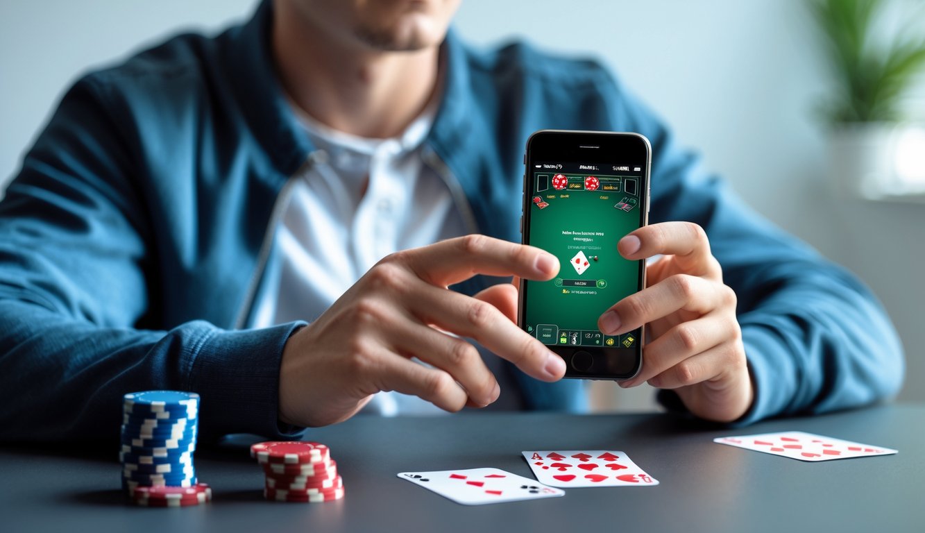 Seorang dewasa muda fokus bermain poker menggunakan ponsel Android dengan chip dan kartu poker di atas meja.