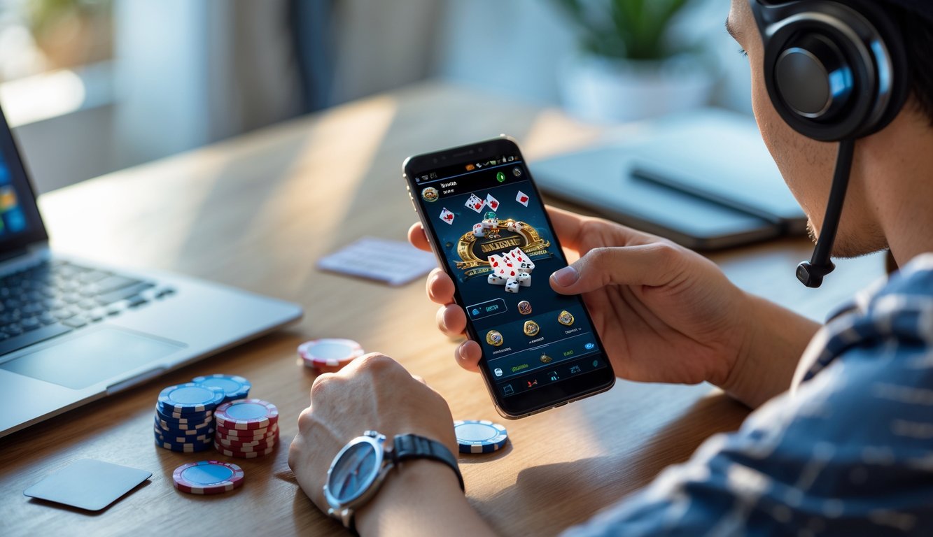 Seorang dewasa muda sedang bermain poker online menggunakan ponsel Android di meja dengan chip dan kartu poker.