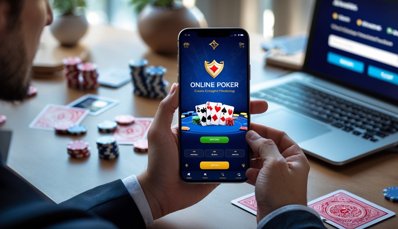 Seseorang memegang ponsel Android yang menampilkan permainan poker online dengan meja dan chip poker di latar belakang.