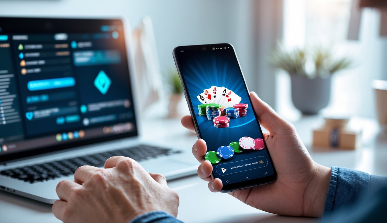 Seseorang memegang ponsel Android yang menampilkan permainan poker online dengan latar meja kerja yang rapi dan perangkat teknologi.