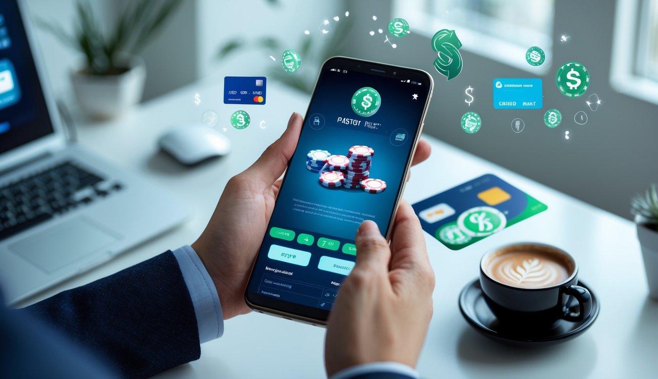 Tangan seseorang memegang ponsel dengan aplikasi poker online yang menampilkan chip dan kartu, di meja dengan laptop dan aksesori teknologi lainnya.