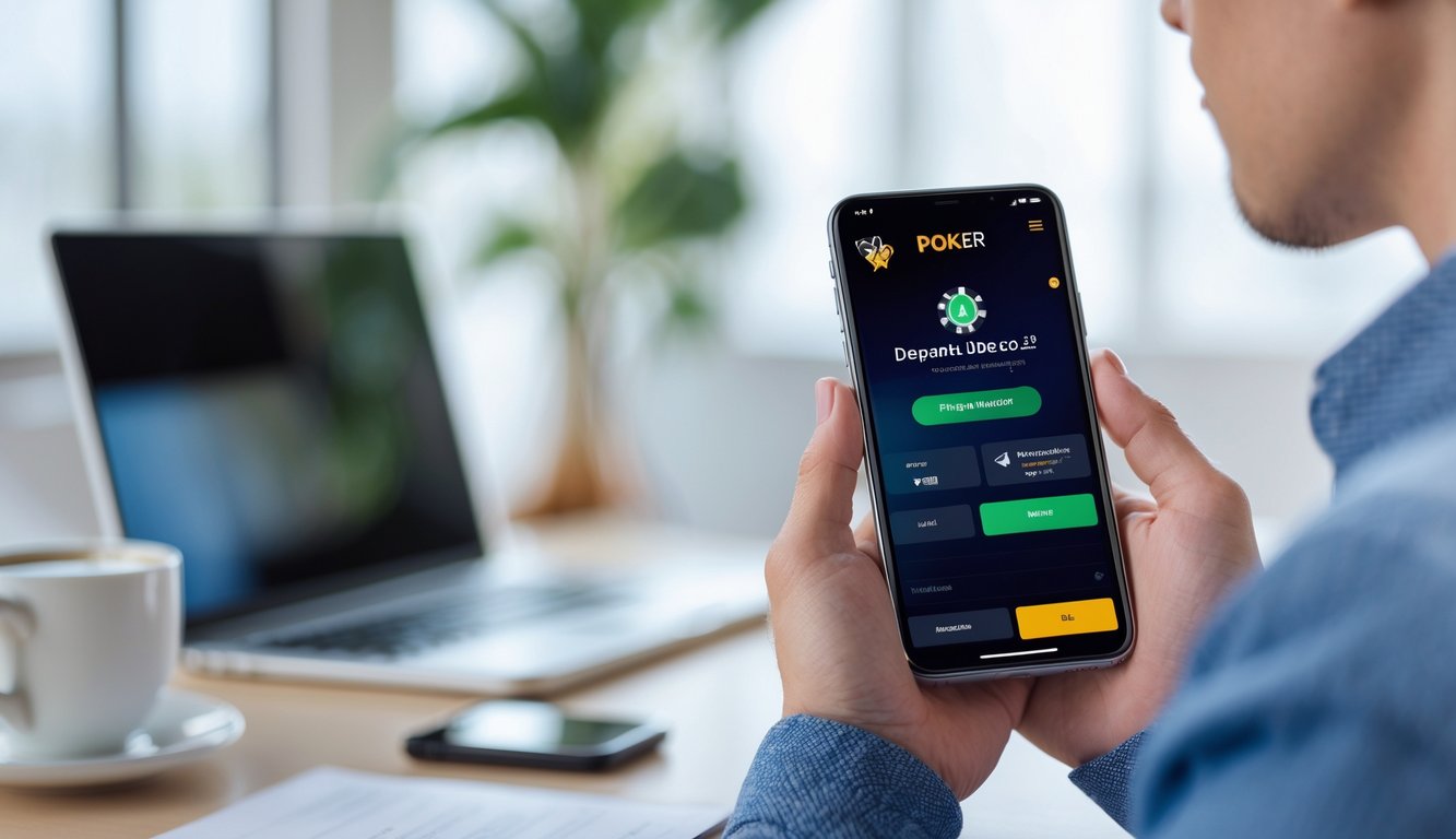 Seseorang memegang ponsel Android yang menampilkan aplikasi poker online dengan proses deposit di layar, di atas meja dengan laptop dan cangkir kopi.