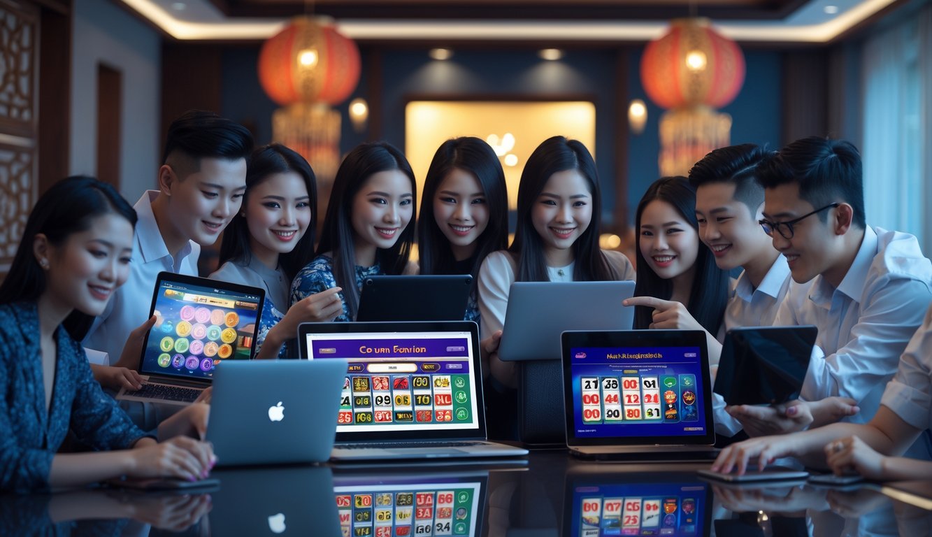 Sekelompok orang muda menggunakan perangkat digital di ruangan modern dengan dekorasi batik dan kayu, menunjukkan suasana permainan judi online yang resmi dan terpercaya.