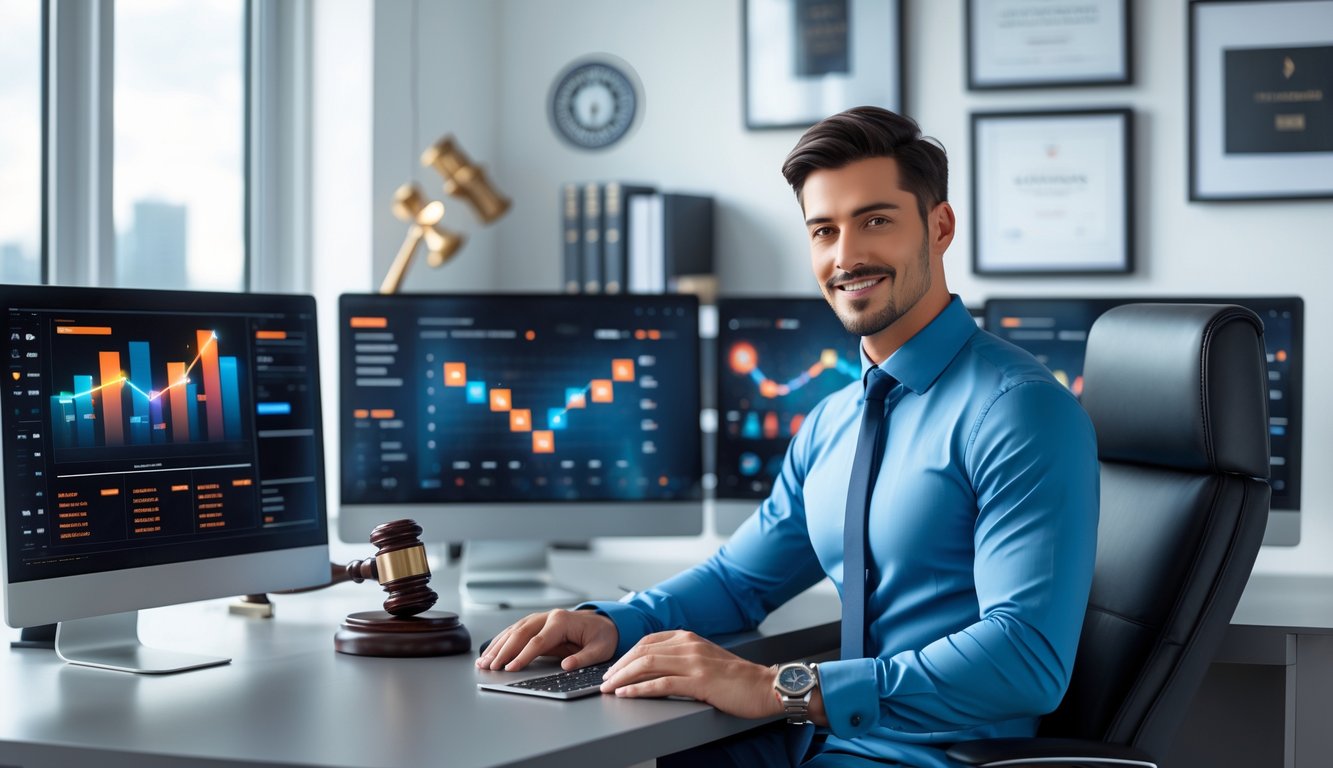 Seorang profesional bisnis duduk di meja kerja dengan beberapa monitor komputer yang menampilkan grafik digital, di latar belakang terdapat simbol-simbol legalitas seperti palu hakim dan buku hukum.