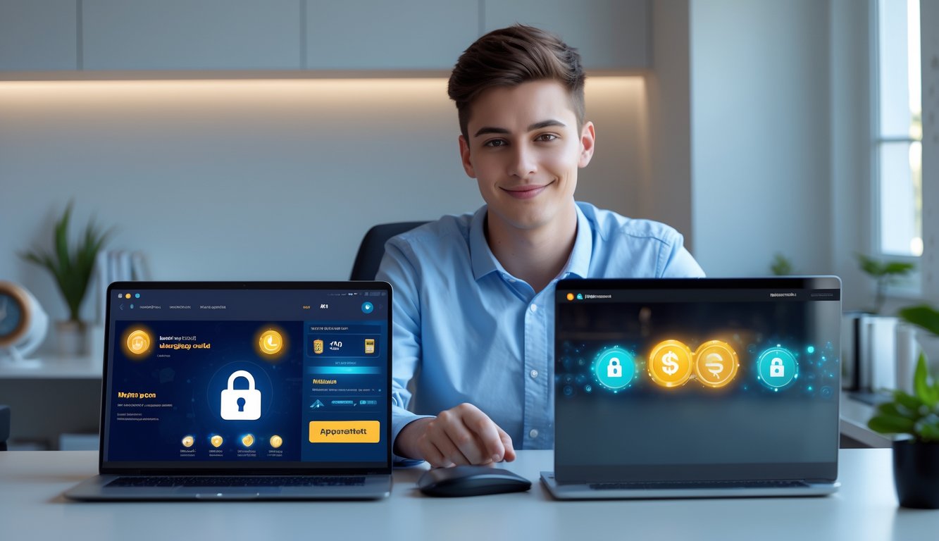 Seorang dewasa muda duduk di meja kerja modern menggunakan laptop dengan layar menampilkan permainan online dan ikon transaksi aman.