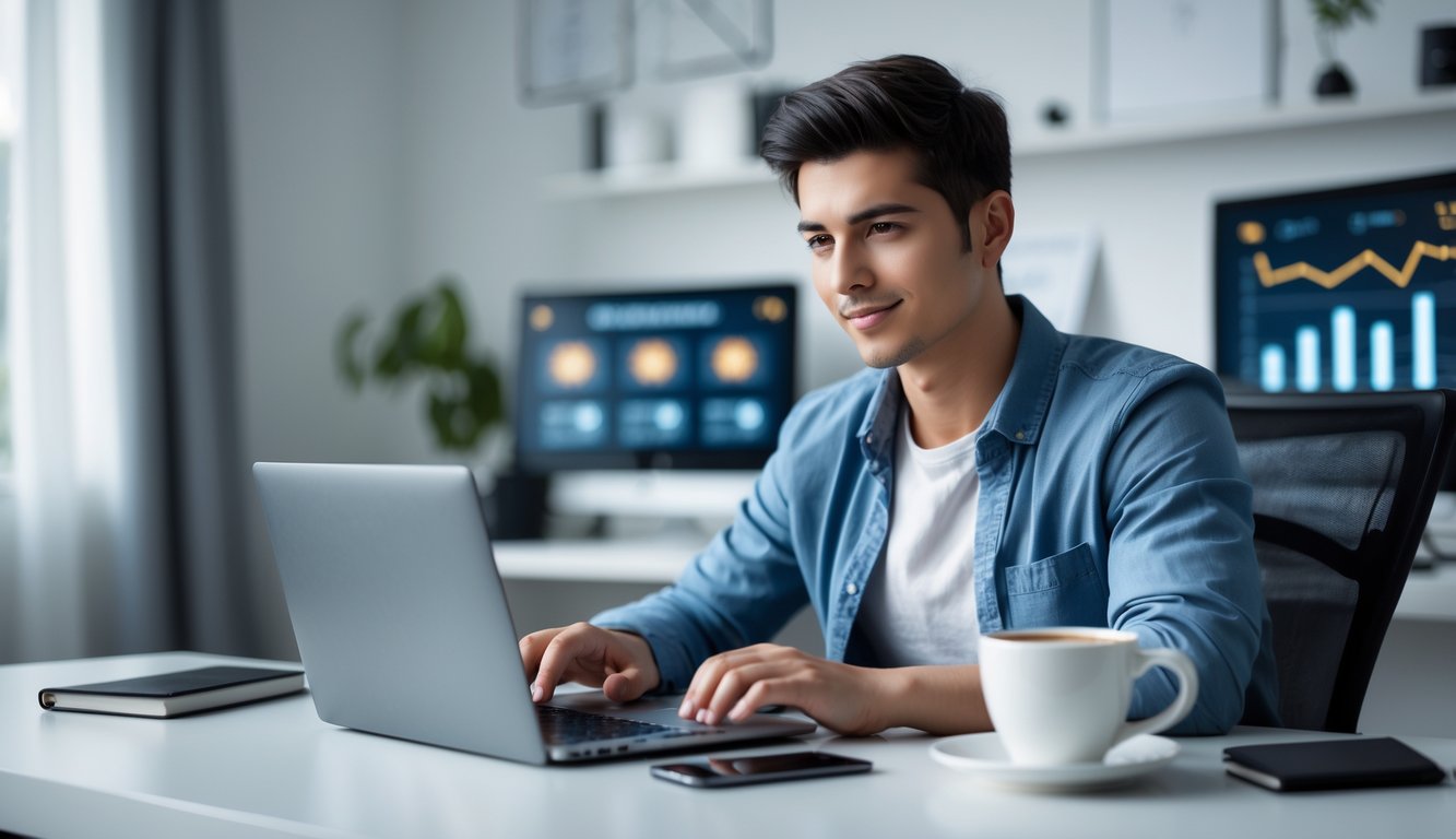 Seorang dewasa muda yang percaya diri duduk di meja kerja modern menggunakan laptop dengan ekspresi fokus di ruang kerja rumah yang terang dan rapi.