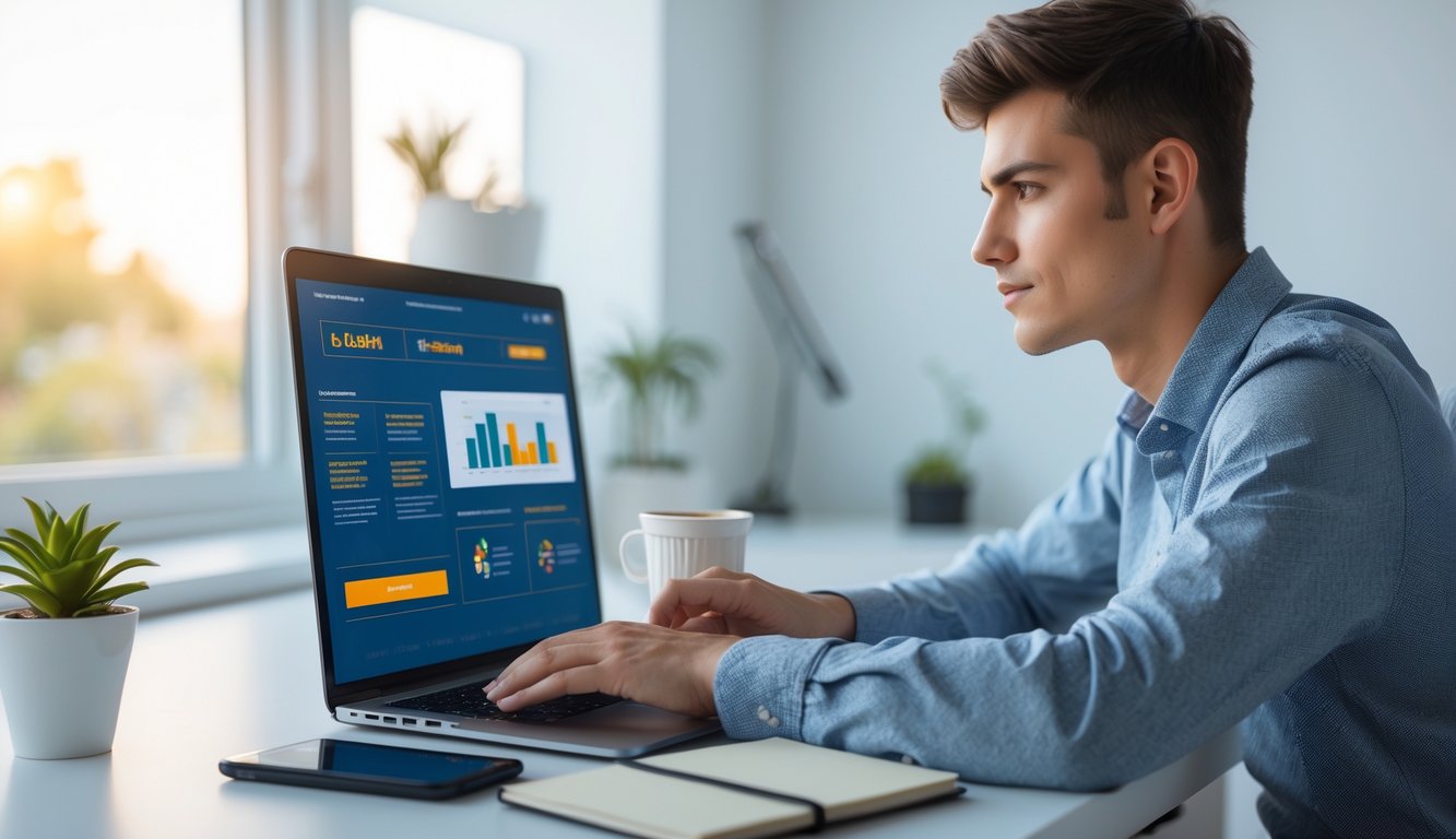 Seorang dewasa muda duduk di meja modern menggunakan laptop untuk meneliti situs judi online dengan suasana ruang kerja yang rapi dan terang.