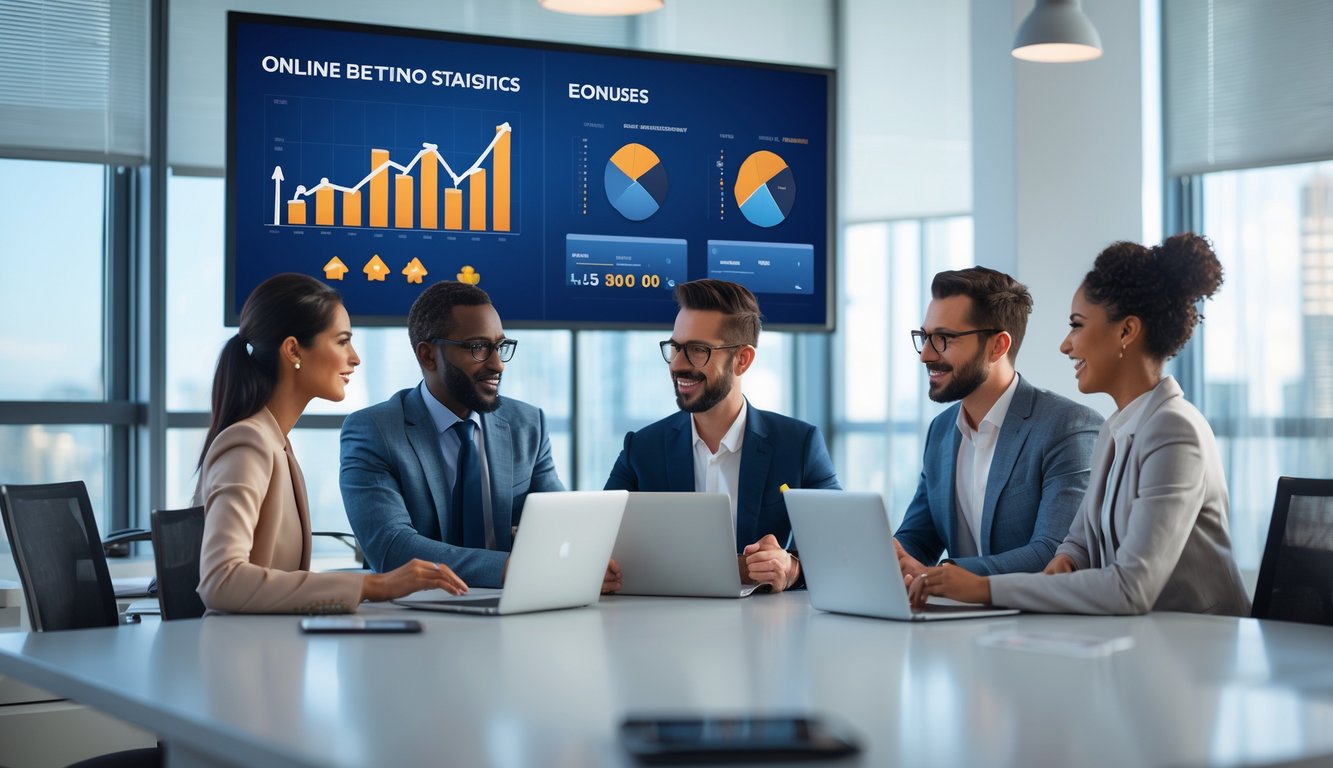 Sekelompok orang profesional sedang berdiskusi di kantor modern dengan layar digital menampilkan grafik terkait judi online.