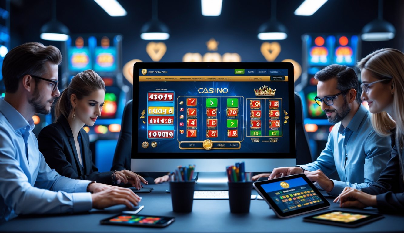 Sejumlah orang sedang bermain game judi online dengan perangkat komputer dan gadget di ruang kerja modern.