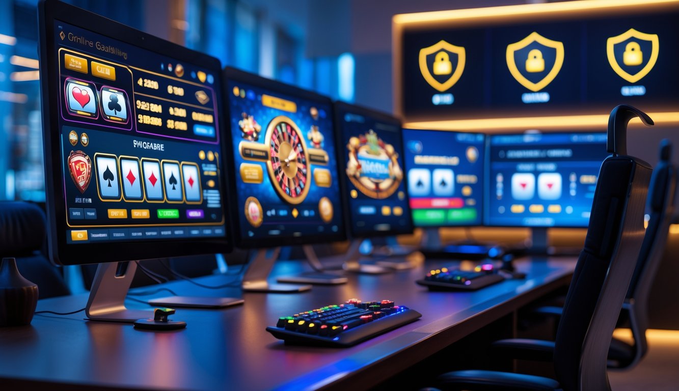 Ruang kerja modern dengan beberapa layar komputer menampilkan permainan kasino dan antarmuka taruhan.