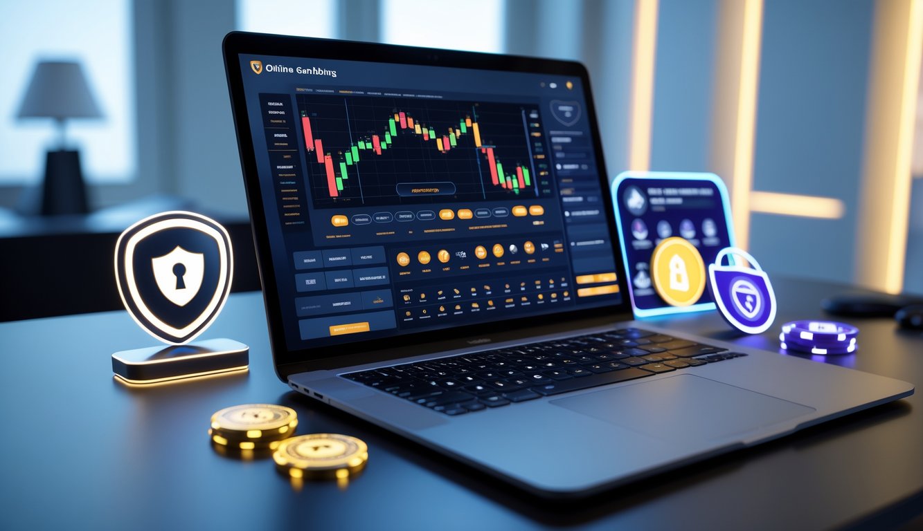 Seorang pengguna sedang menggunakan komputer dengan tampilan platform judi online resmi di layar, dikelilingi oleh simbol keamanan dan suasana ruang kerja yang rapi.