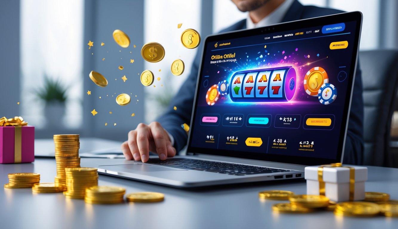 Orang menggunakan laptop di meja kerja dengan ikon judi online dan koin di sekitarnya.