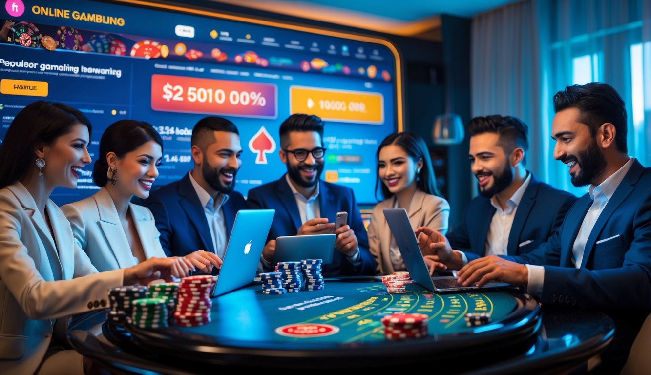 Orang-orang menggunakan laptop dan ponsel di ruangan modern dengan peralatan judi seperti kartu dan chip di atas meja.