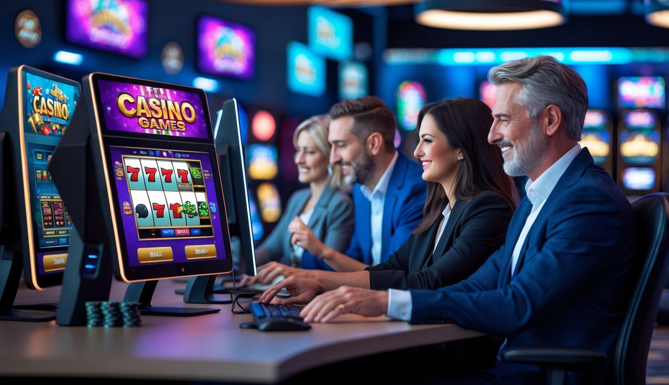 Orang-orang sedang bermain permainan slot dan kasino secara online di komputer dalam suasana yang aman dan nyaman.