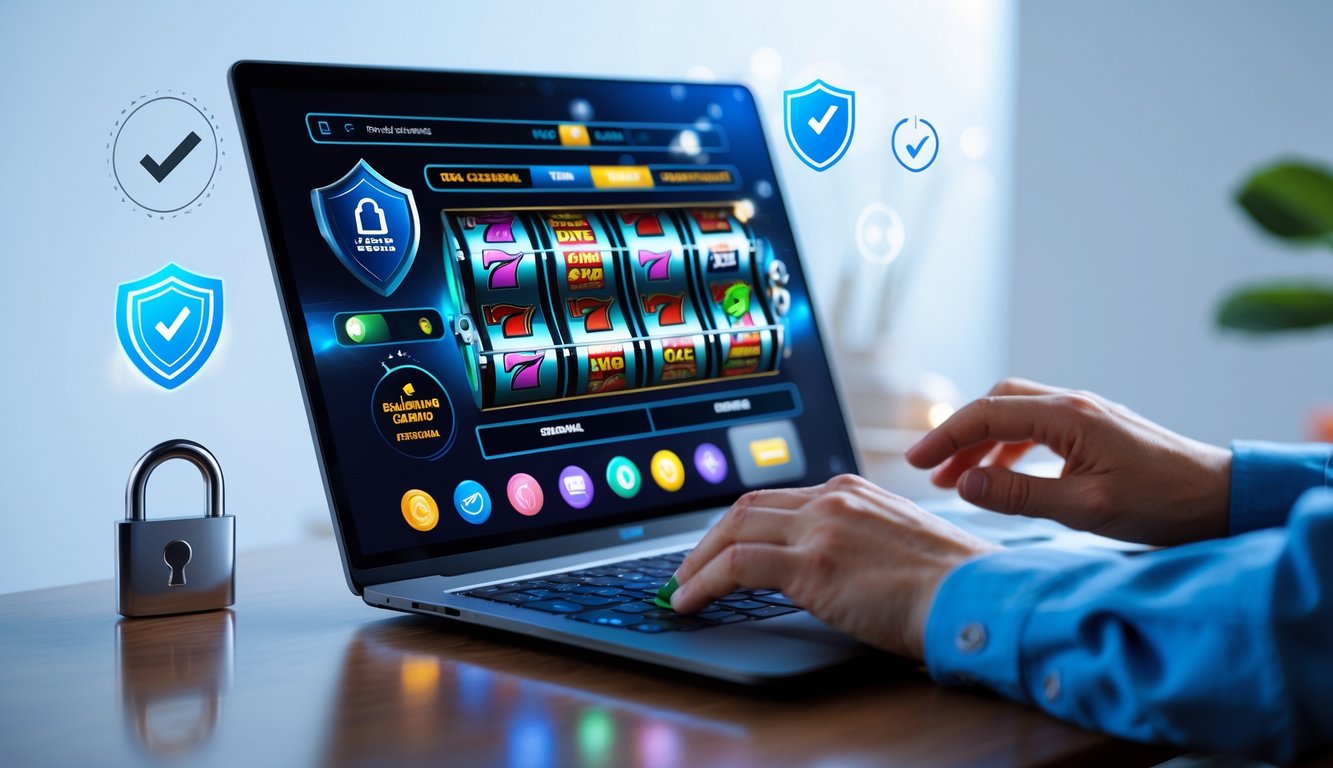 Seorang pengguna sedang bermain slot dan permainan kasino di komputer dengan simbol keamanan di sekitar perangkat.