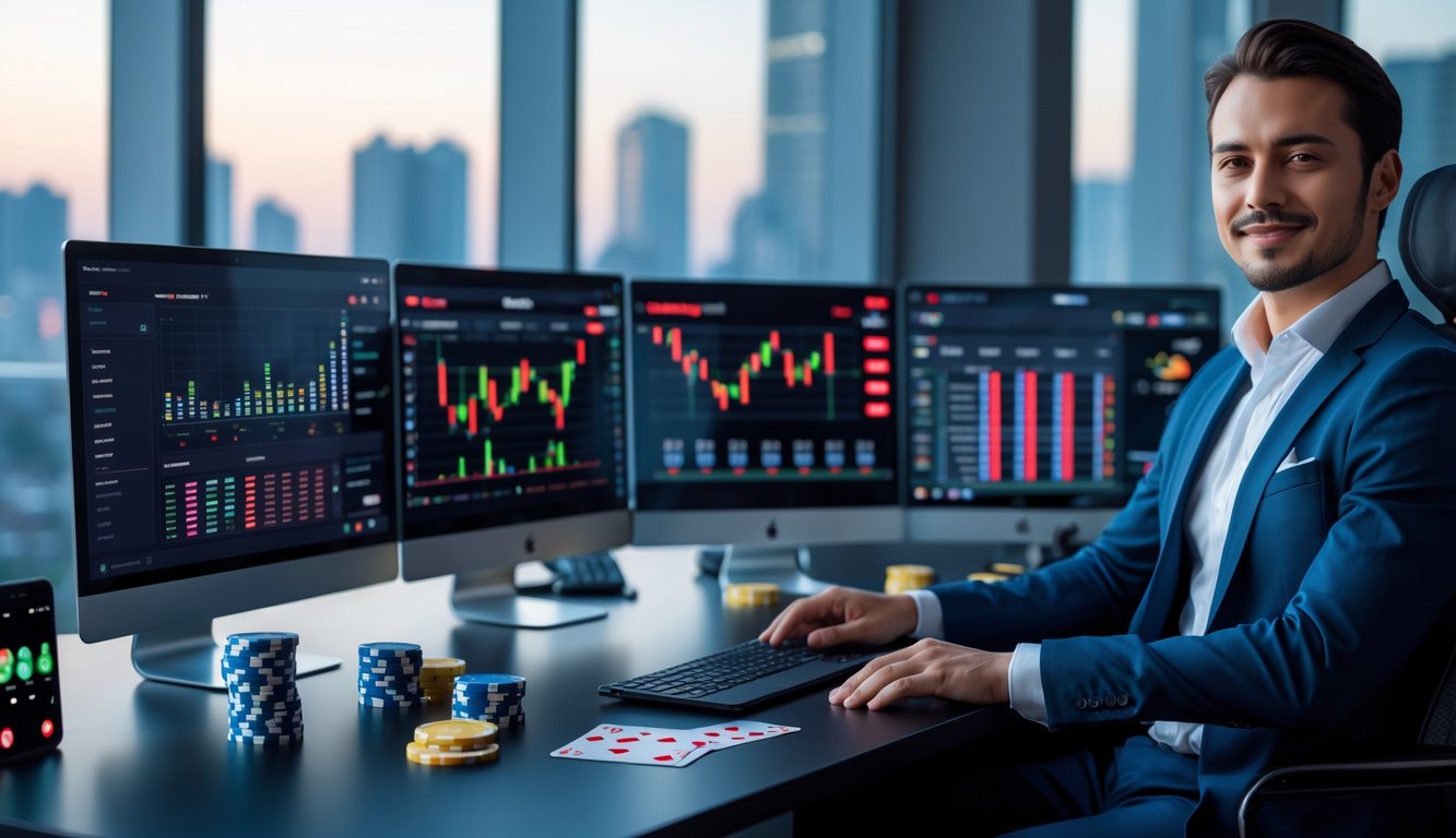 Seseorang yang percaya diri duduk di meja kerja dengan beberapa layar komputer yang menampilkan situs judi online dan grafik, di ruang kantor modern dengan pemandangan kota di belakangnya.