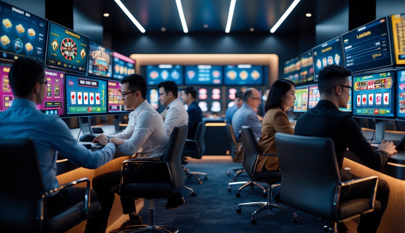 Orang-orang sedang fokus bermain permainan judi online di depan komputer dalam ruangan yang modern.