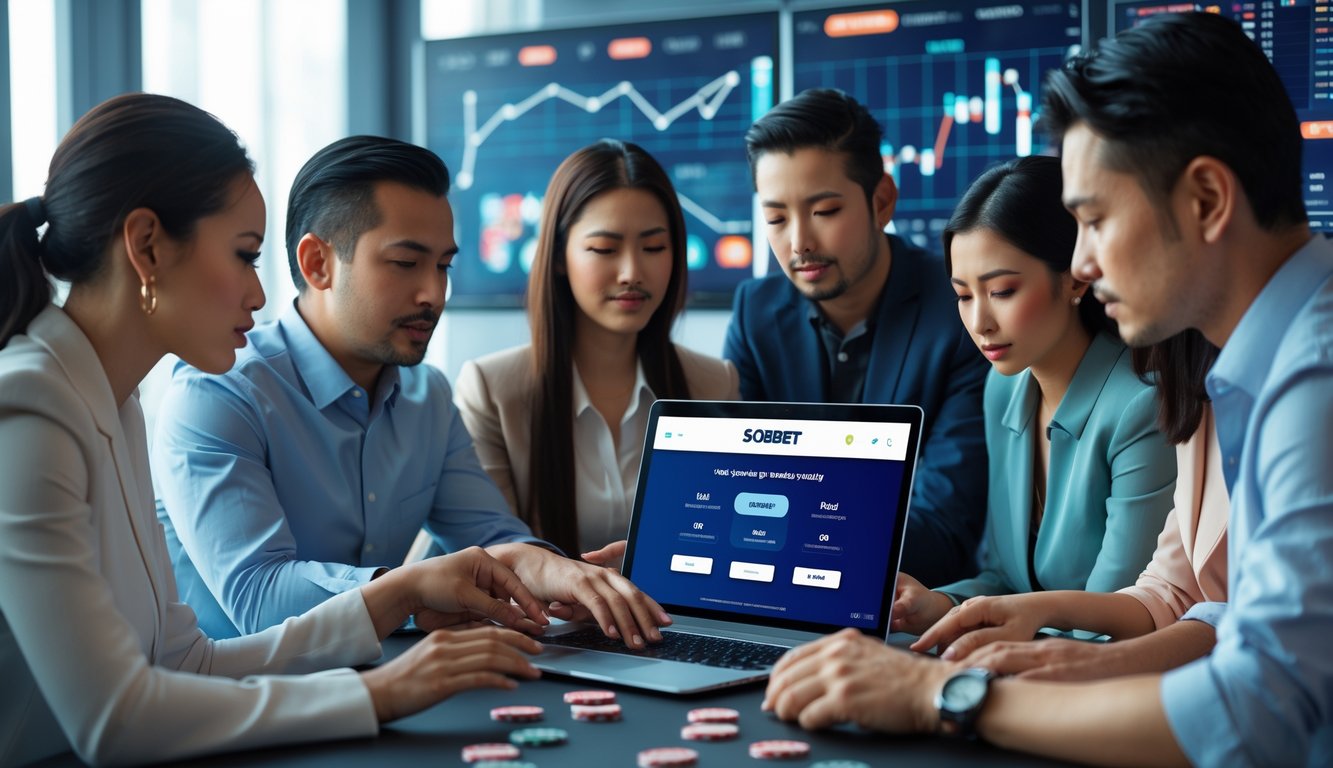 Beberapa orang sedang bermain dan berdiskusi di depan laptop dengan antarmuka judi online, di ruang kerja modern yang terang.