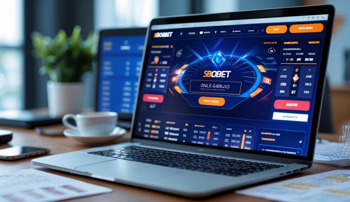 Seorang pria menggunakan laptop di meja kerja dengan tampilan antarmuka taruhan online yang hidup dan modern.
