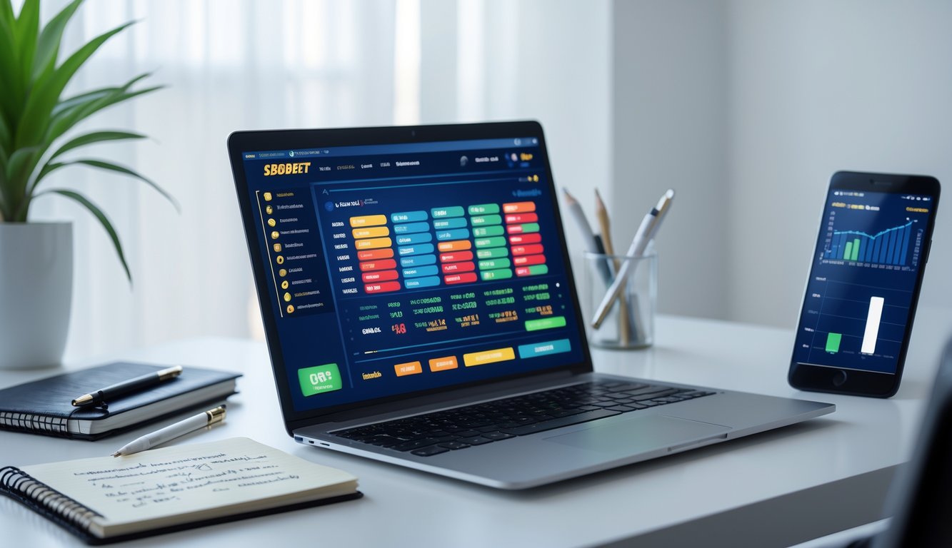 Seorang pria sedang menggunakan laptop di meja kerja dengan alat tulis dan ponsel di sekitarnya, menunjukkan suasana fokus dan profesional dalam aktivitas judi online.