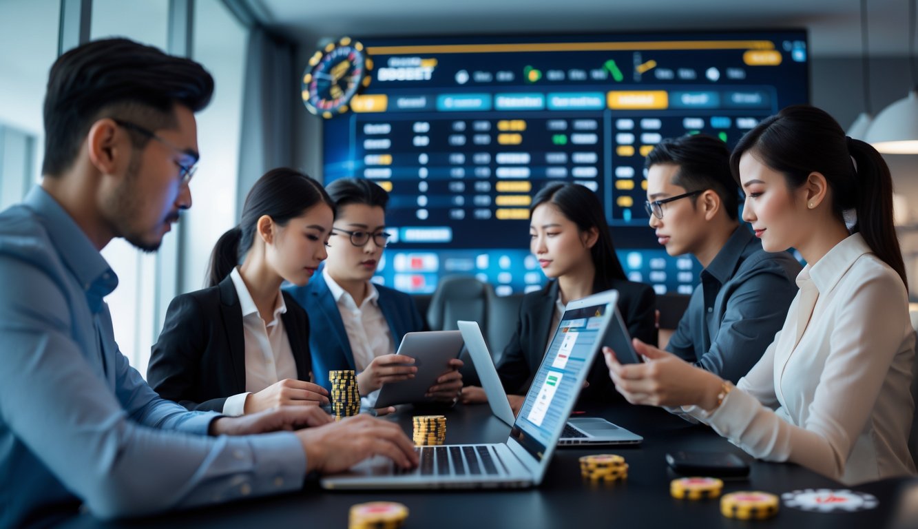 Orang-orang serius menggunakan perangkat digital di ruang kerja modern dengan elemen permainan judi online di latar belakang.