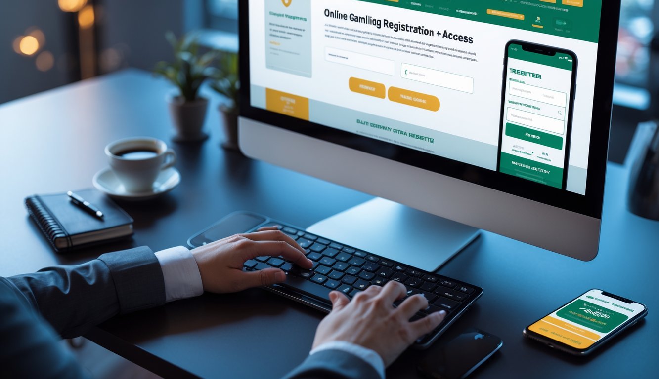 Orang sedang menggunakan komputer dan ponsel di meja kerja untuk mendaftar dan mengakses situs judi online resmi.