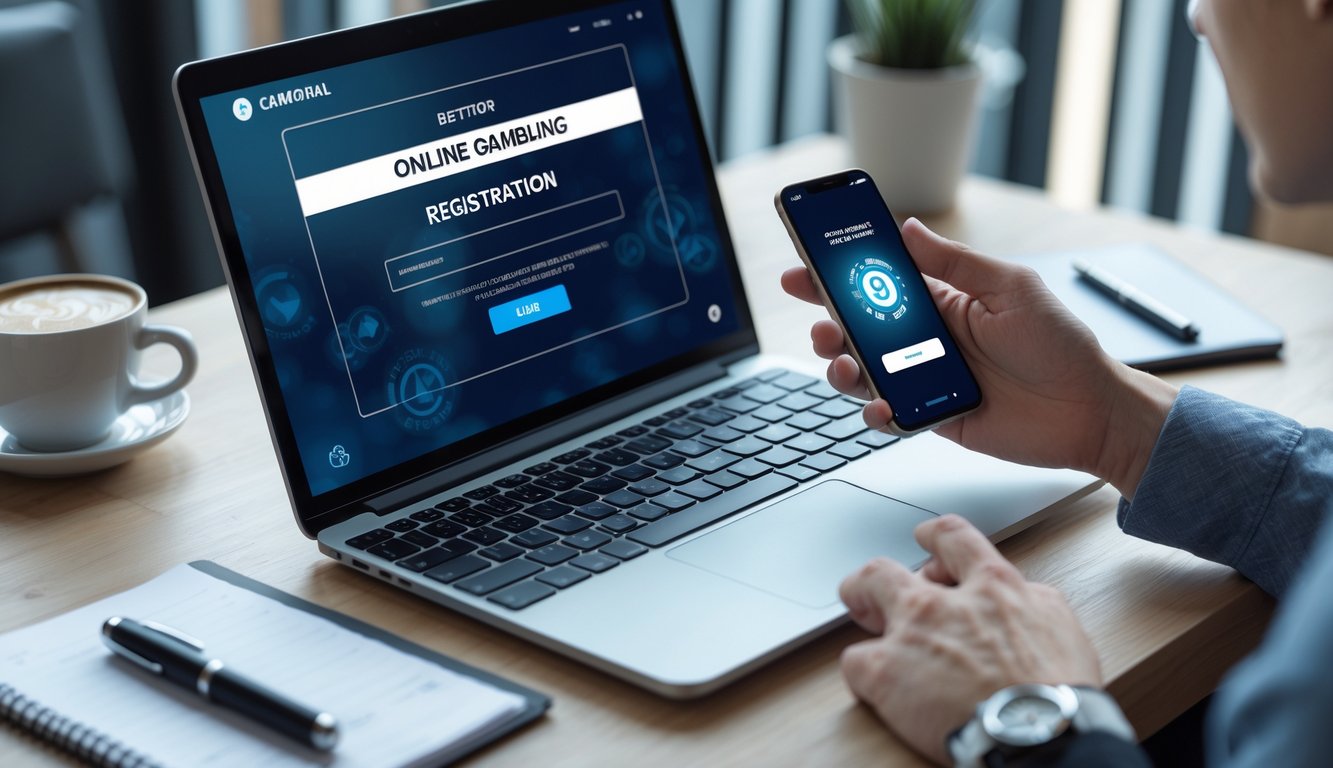 Meja kerja dengan laptop dan ponsel yang menampilkan antarmuka situs judi online, tangan seseorang sedang menggunakan perangkat tersebut.