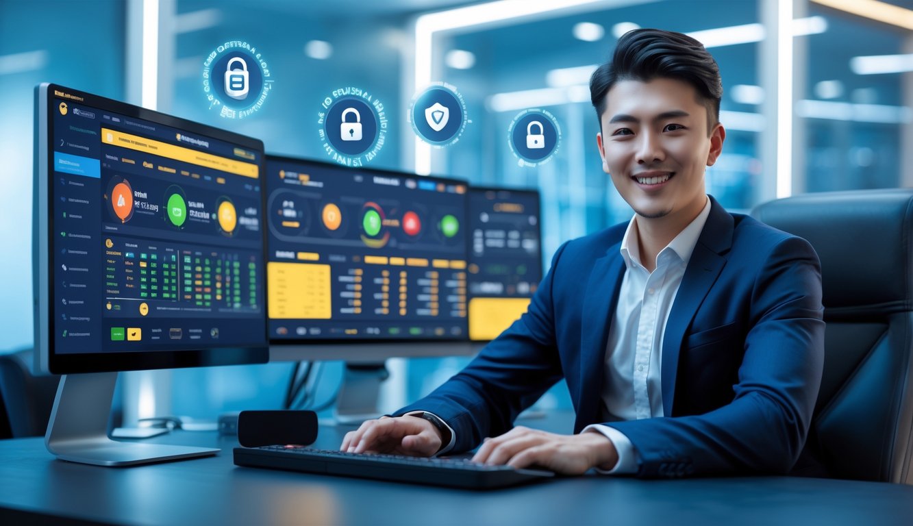 Seorang dewasa muda duduk di depan beberapa layar komputer dengan tampilan situs judi online, terlihat percaya diri dan senang di lingkungan kantor modern.